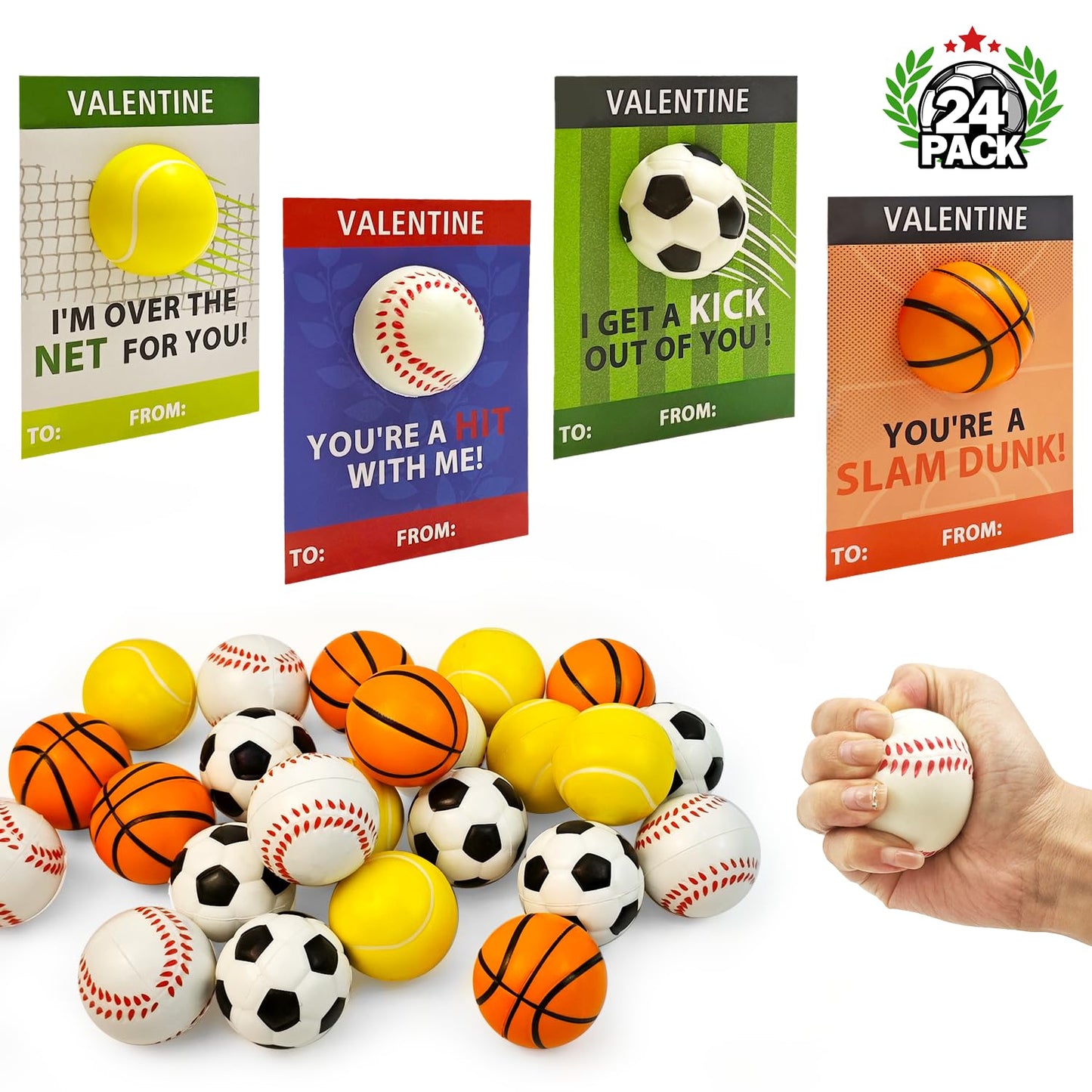 Stress Ball Valentines Cards Gifts for Kids Classroom -24 Pack, Mini Foam Sports Toys with Exchange Cards for Boys School, Valen