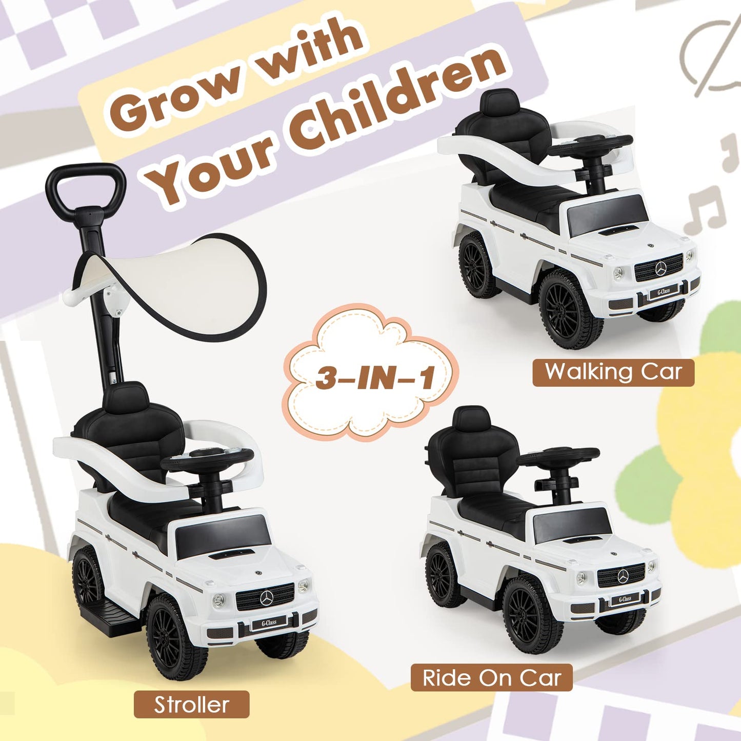 Honey Joy Push Cars For Toddlers, Mercedes Benz Kids Toy Car Stroller W/Push Handle & Detachable Guardrail, Horn & Engine Sound, Seat Storage, Foot-To-Floor Ride On Push Car For Boys Girls(White)