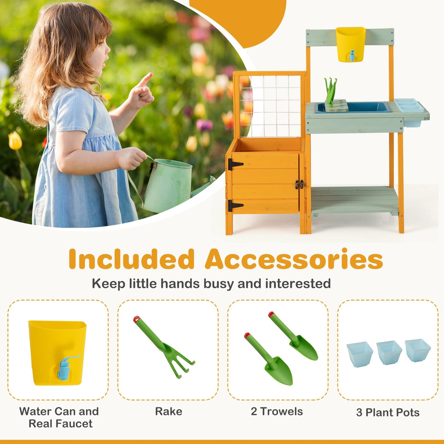 Costzon Mud Kitchen, Kids Potting Bench with Garden Bed & See-Through Window, Trellis, Kids Kitchen Playset w/Sink, Faucet, Stor