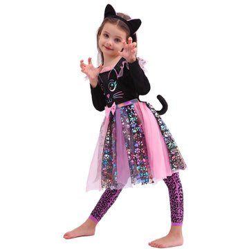 Lingway Toys Cute Cat Dress Costume For Girls,Cat Halloween&Themed Party Cosplay Animal Dress Tail 3-4Years