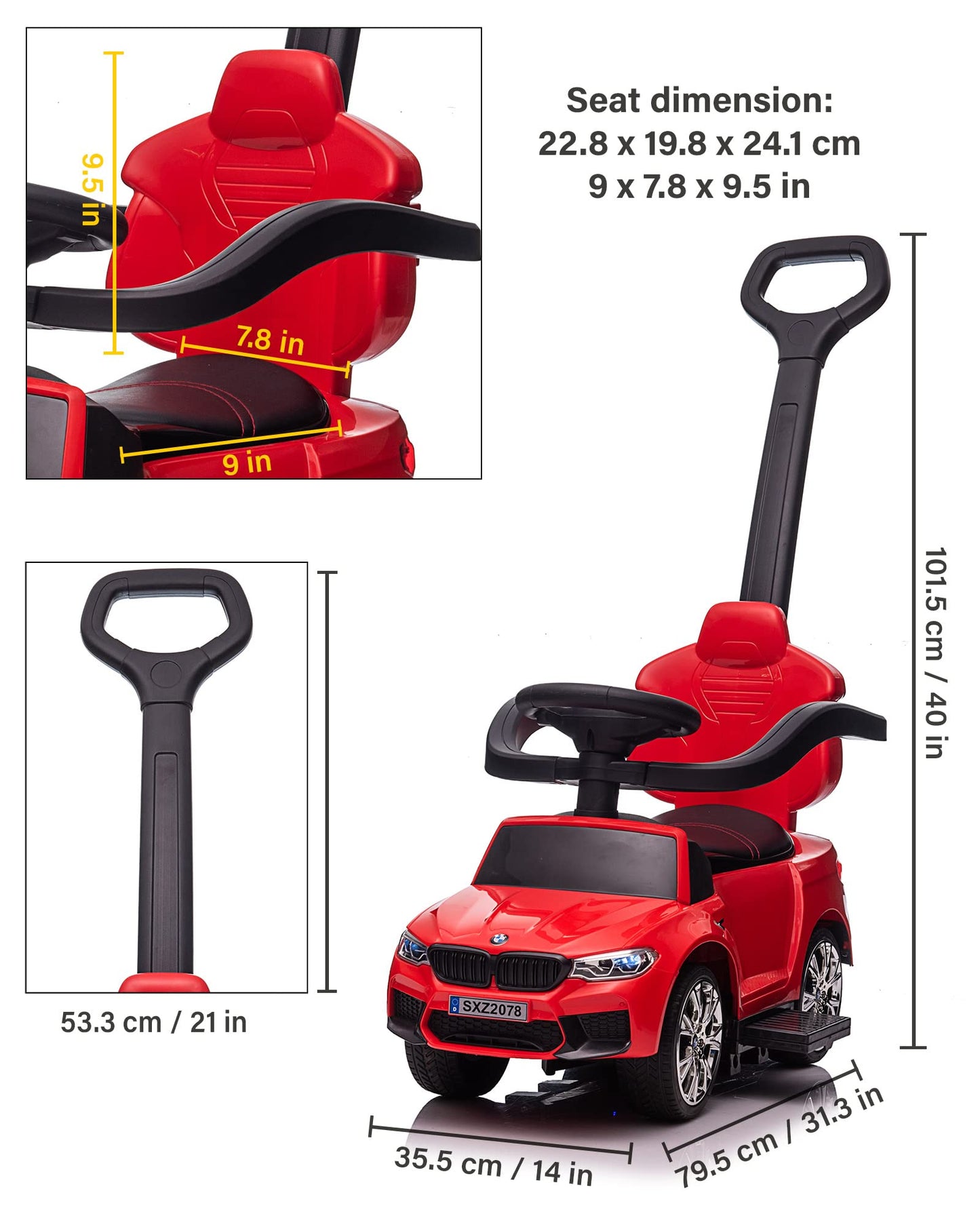 Voltz Toys Push Car For Kids, Licensed M5 4-In-1 Push Pedal Ride On Car For Baby, Foot To Floor Sliding Ride-On With Push Bar, L