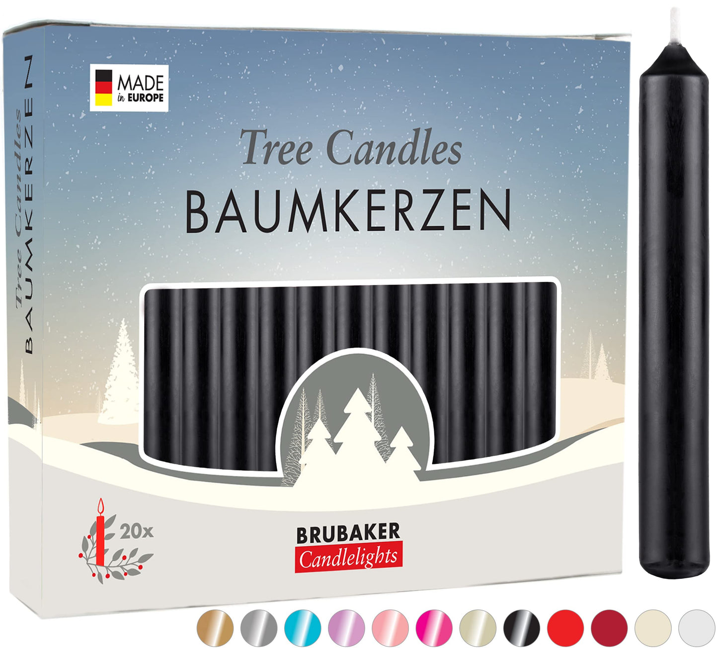 BRUBAKER Tree Candles - Pack of 20 - Black - 3 x  Inches (9.5 x 1.27cm) - Made in Europe - Christmas Wax Candles for Pyramids, C