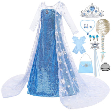 Zaisuifun Princess Elsa Dress For Girls Kids Sequin Costume Halloween Birthday Party Dress Up With Accessories, 5-6 Years(Tag 13
