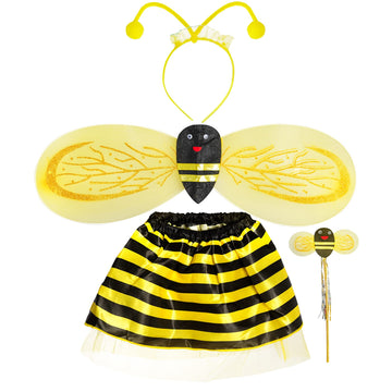Tiggell 4 Pack Girls Bee Costume Set Fancy Princess Tutu Skirt + Wings + Antenna Headband + Fairy Stick Wand For Halloween Dress