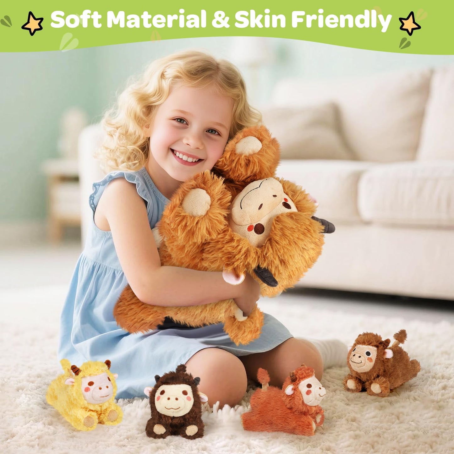 Kmuysl Highland Cow Stuffed Animal For Girls Ages 3 4 5 6 7 8+ Years Old, Mommy Cow Animals Plush Toys With 4 Baby Calves, Soft