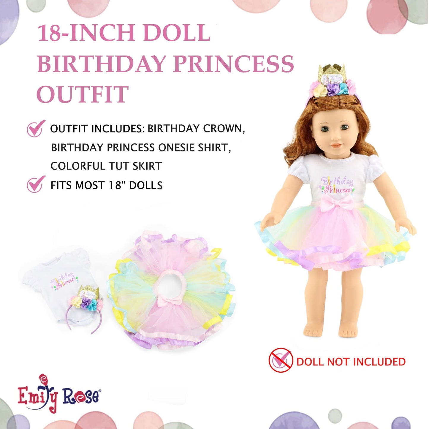 Emily Rose 18" Doll Clothes Set - 3 PC Birthday Princess Outfit, Polyester, Rose, Model INS2146