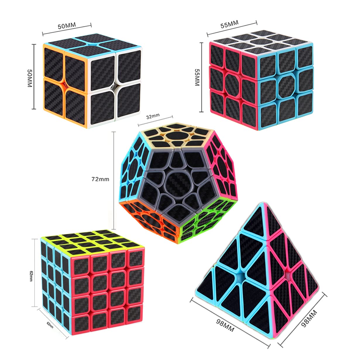 Roxenda Speed Cube Set, [5 Pack] Magic Cube Bundle Of 2X2 3X3 4X4 Megaminx Cube And Pyramid Cube Smoothly Carbon Fiber Sticker Speed Cubes Collection For Kids Teens & Adults