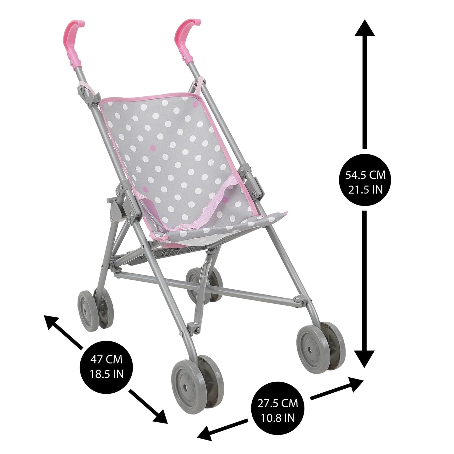 509 Crew: Cotton Candy Pink: Umbrella Doll Stroller - Pink, Grey, Polka Dot - For Dolls Up To 24'', Foldable, Kids Pretend Play,