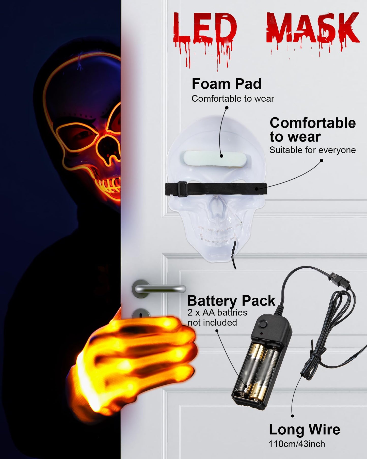 Sumind Halloween LED Mask Scary LED Skeleton Mask Purge Hacker Mask Glow in The Dark Mask for Halloween Costume Party(Orange)