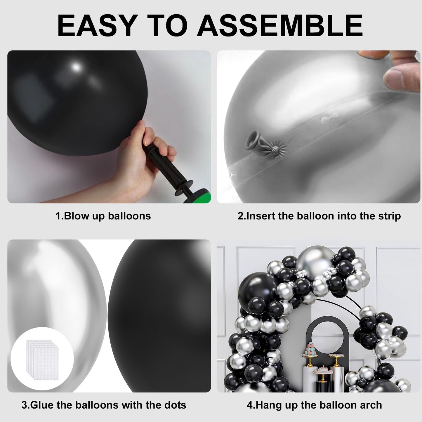 Black And Silver Balloons Arch Garland Kit, 134Pcs Metallic Chrome Silver And Black Balloons With Different Size For Birthday, G