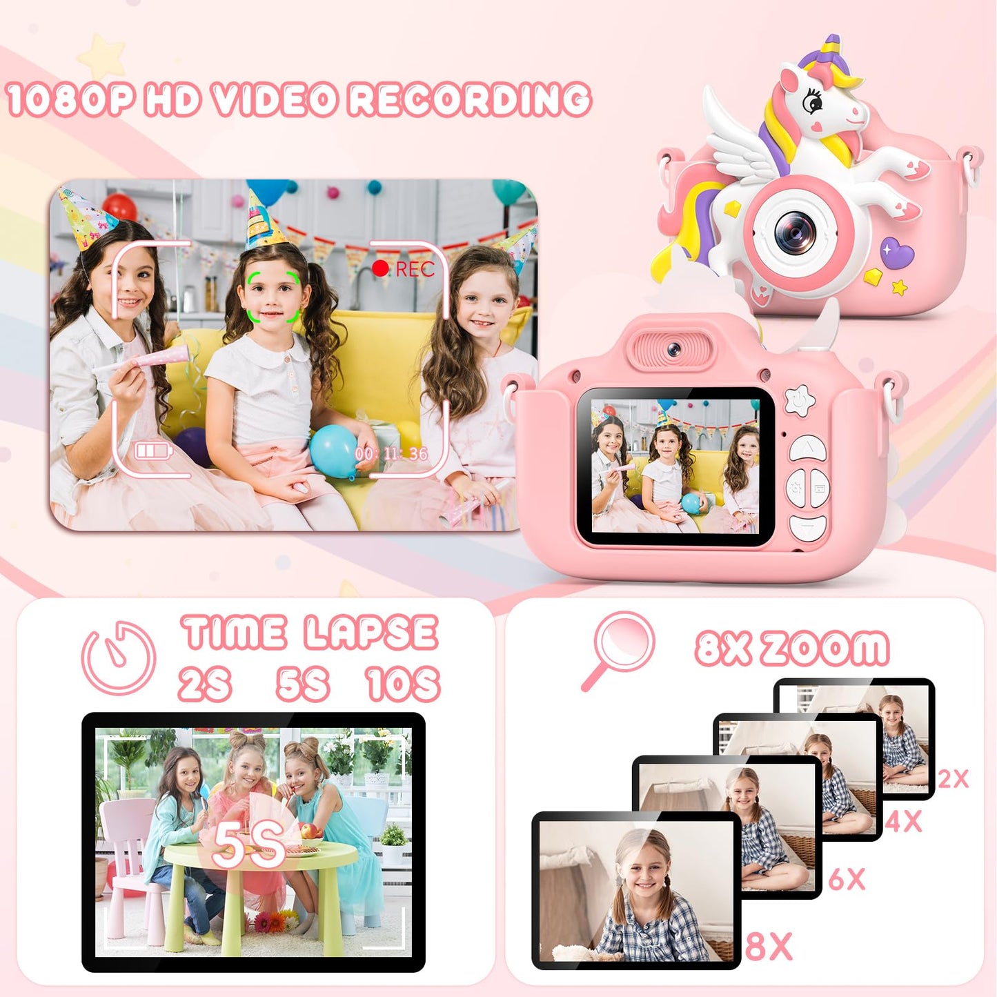 Kids Camera Toys Digital Camera For Girls Boys, Christmas Birthday Gifts For Kids Age 3-12, Selfie 1080P Hd Video Digital Camera For 3 4 5 6 7 8 9 10 Year Old Girls With 32Gb Tf Card