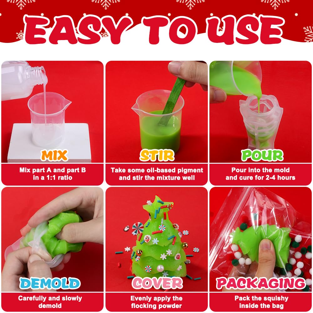JOICEE Christmas Taba Squishy Kit  DIY Xmas Squishy Making Kit 18OZ AB Liquid Silicone with Xmas Tree Stocking Snowman Reindeer Molds for Make Your Own Christmas Soft Squishies Party Favors Gifts