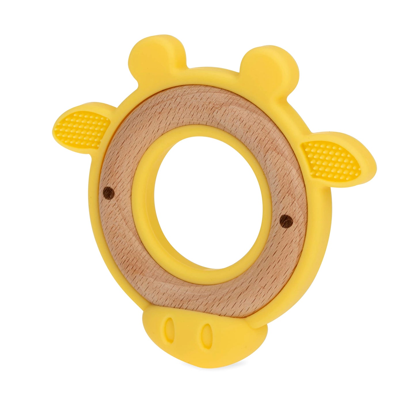 Nuby Natural Wood Teether With Soft Silicone, Minimalist Design Easy To Clean, Giraffe Yellow