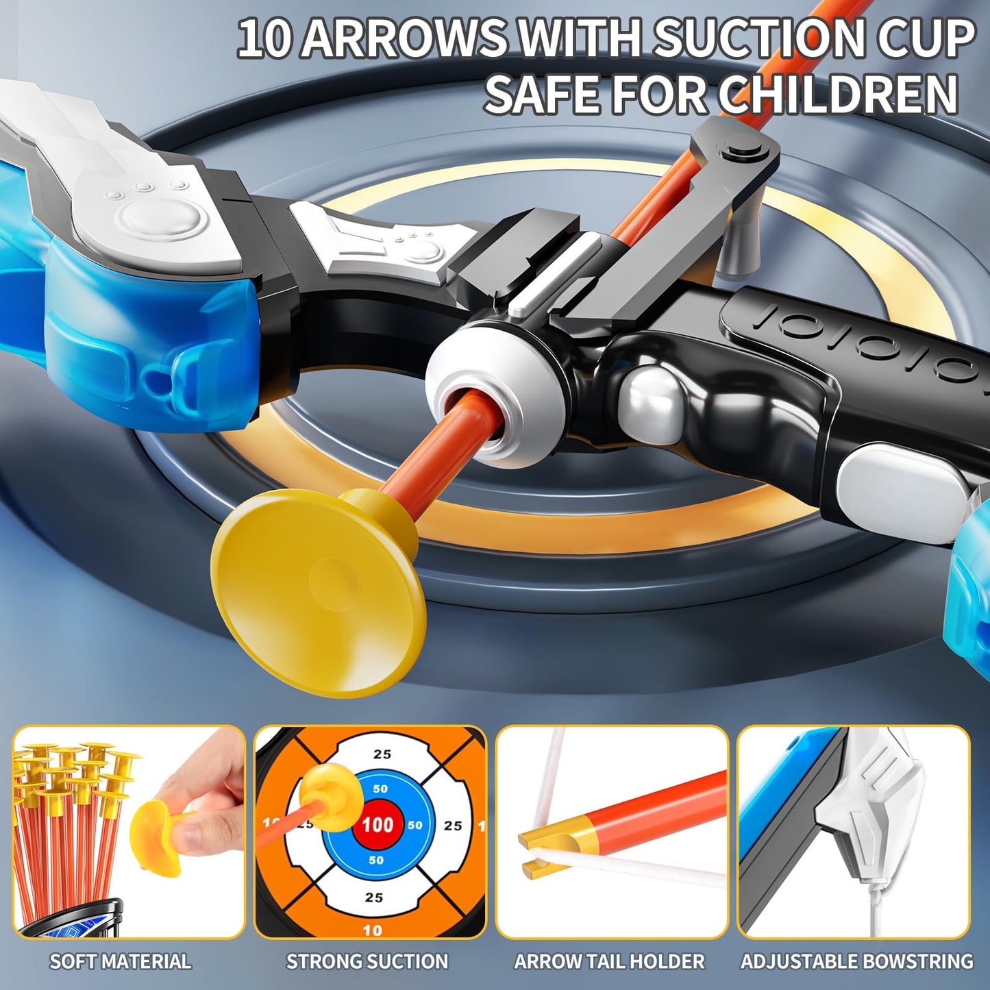 Niplooow 2 Pack Kids Bow And Arrow Set, Led Light Up Archery Toy Set With 30 Suction Cup Arrows, Standing Target, Quiver & 6 Sco