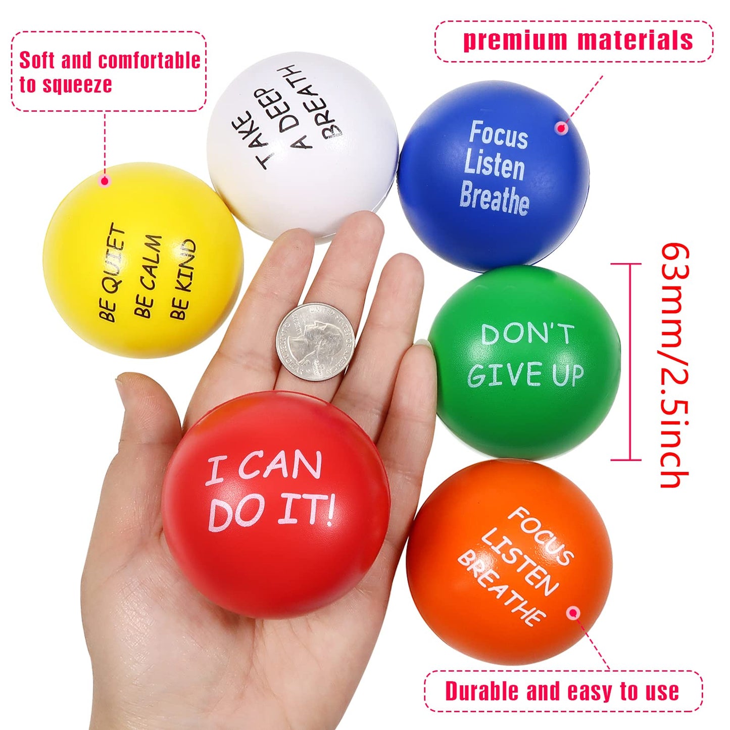 Toaob Motivational Stress Balls For Kids And Adults 6 Pack Stress Relief Balls Squeeze Balls 2.5 Inch Colorful Foam Balls For Ha