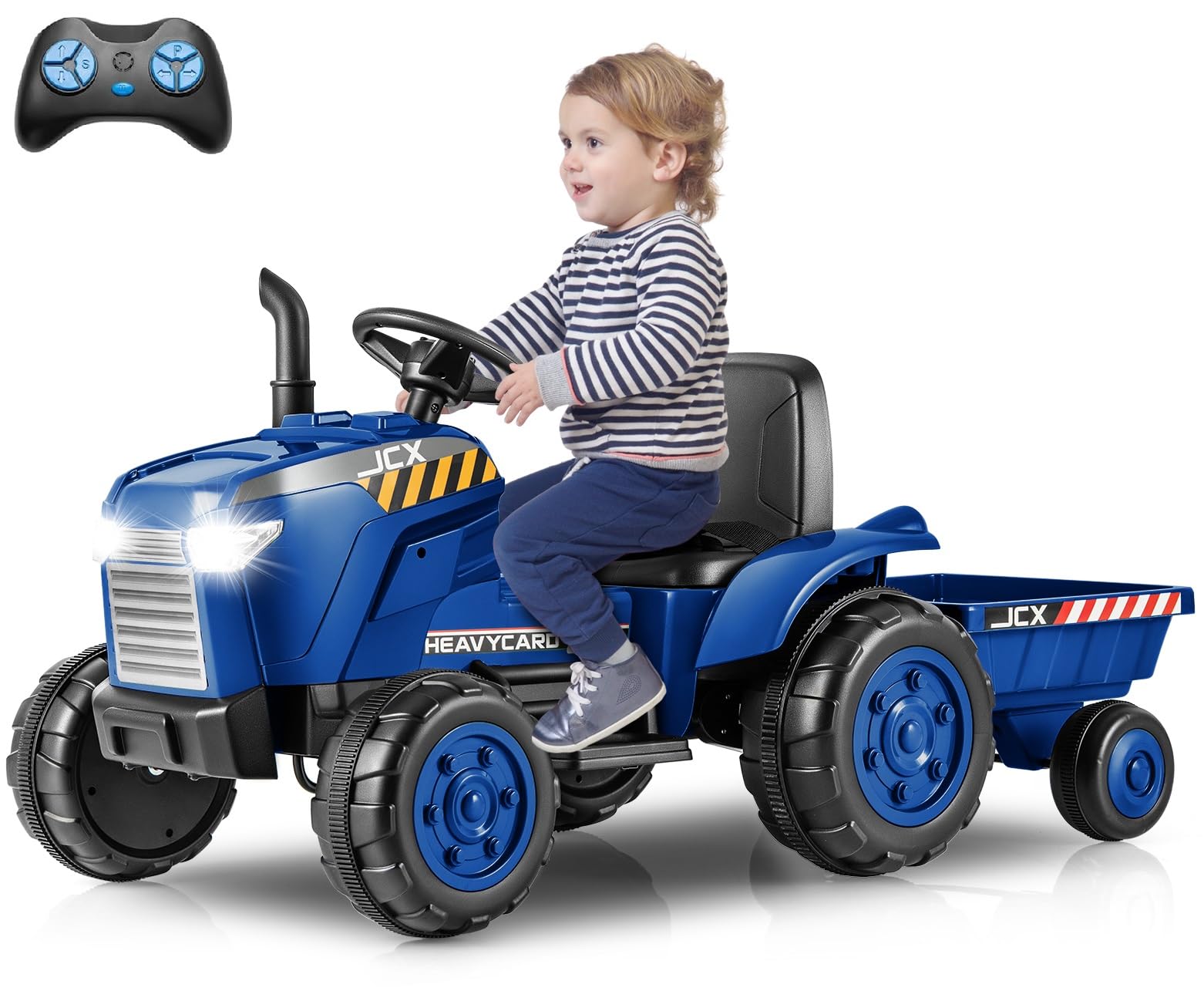 Olakids 12V Kids Ride On Tractor, Battery Powered Motorized Electric Car With Trailer, Dual Motors, Remote Control, Light, Music, Usb, Toddler Vehicle Toys For Boys Girls (Blue)