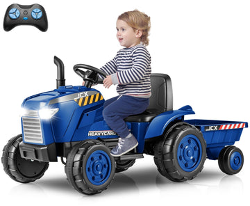 Olakids 12V Kids Ride On Tractor, Battery Powered Motorized Electric Car With Trailer, Dual Motors, Remote Control, Light, Music, Usb, Toddler Vehicle Toys For Boys Girls (Blue)