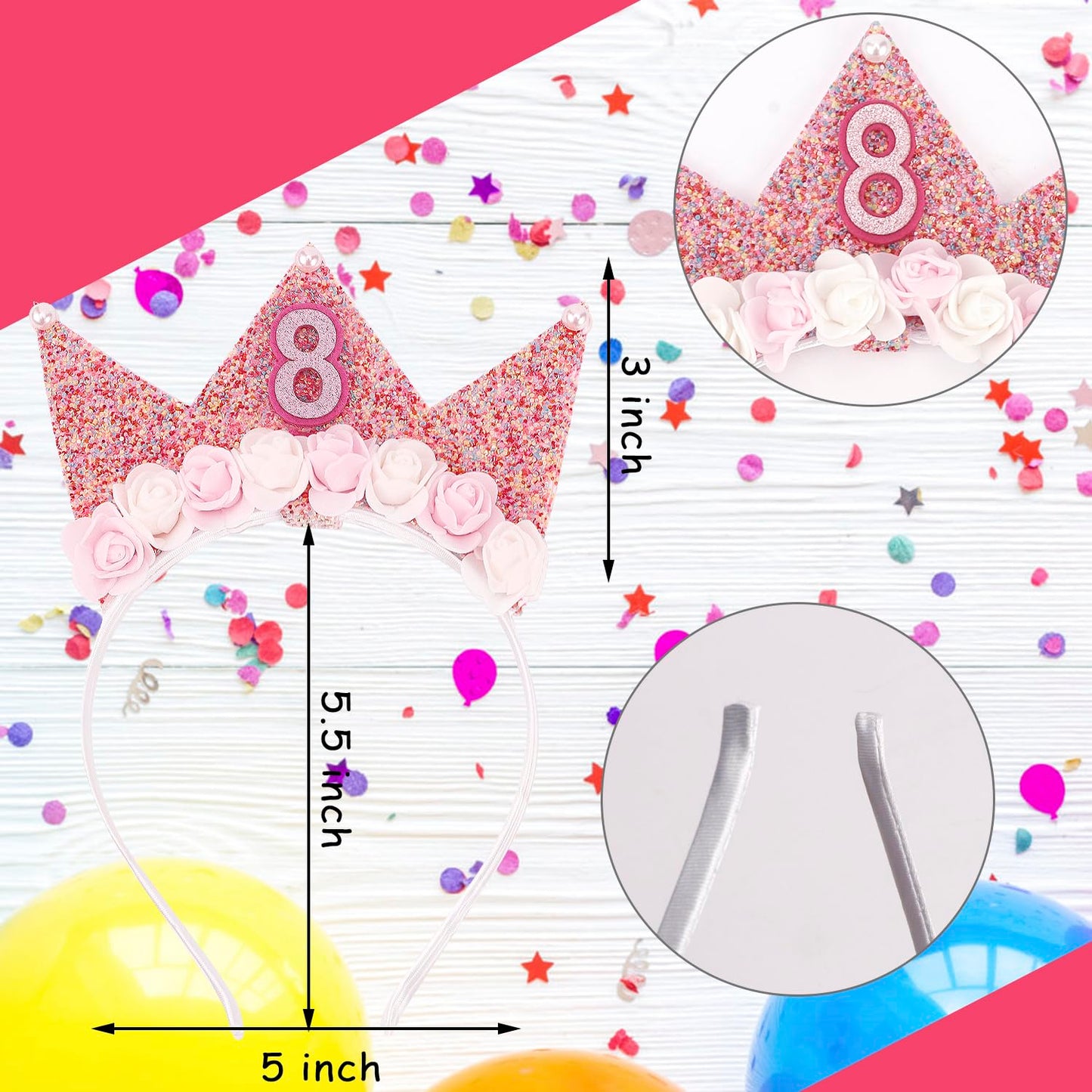 SuPoo 8th Birthday Decorations for Girl 8th Birthday Girl Headband Birthday Crown for Girls Glitter Hair Band for Party 8 Year O