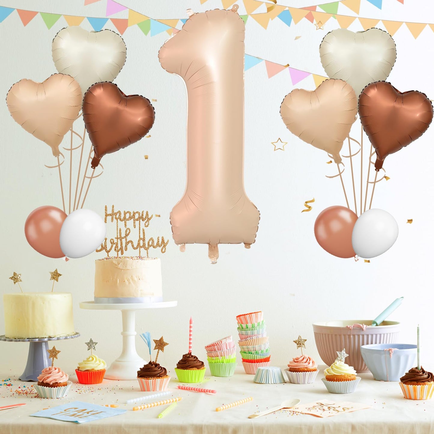 Biapian 40 Inch Light Brown Number 1 Balloon, Caramel Large Number One Balloon Digital With Cream Foil Heart Balloon For 1St Bir