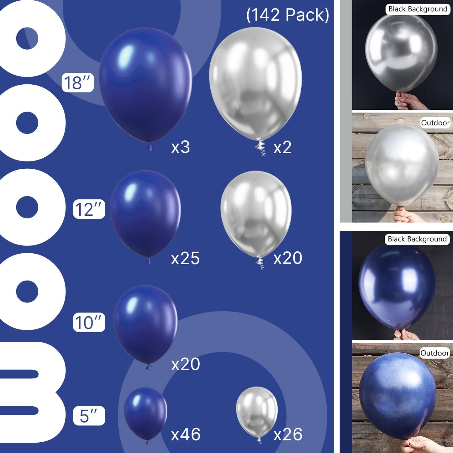 Partywoo Blue And Silver Balloons, 142 Pcs Navy Blue And Silver Balloons Different Sizes Pack Of 18 Inch 12 Inch 10 Inch 5 Inch For Balloon Garland Or Arch As Birthday Decorations, Party Decorations