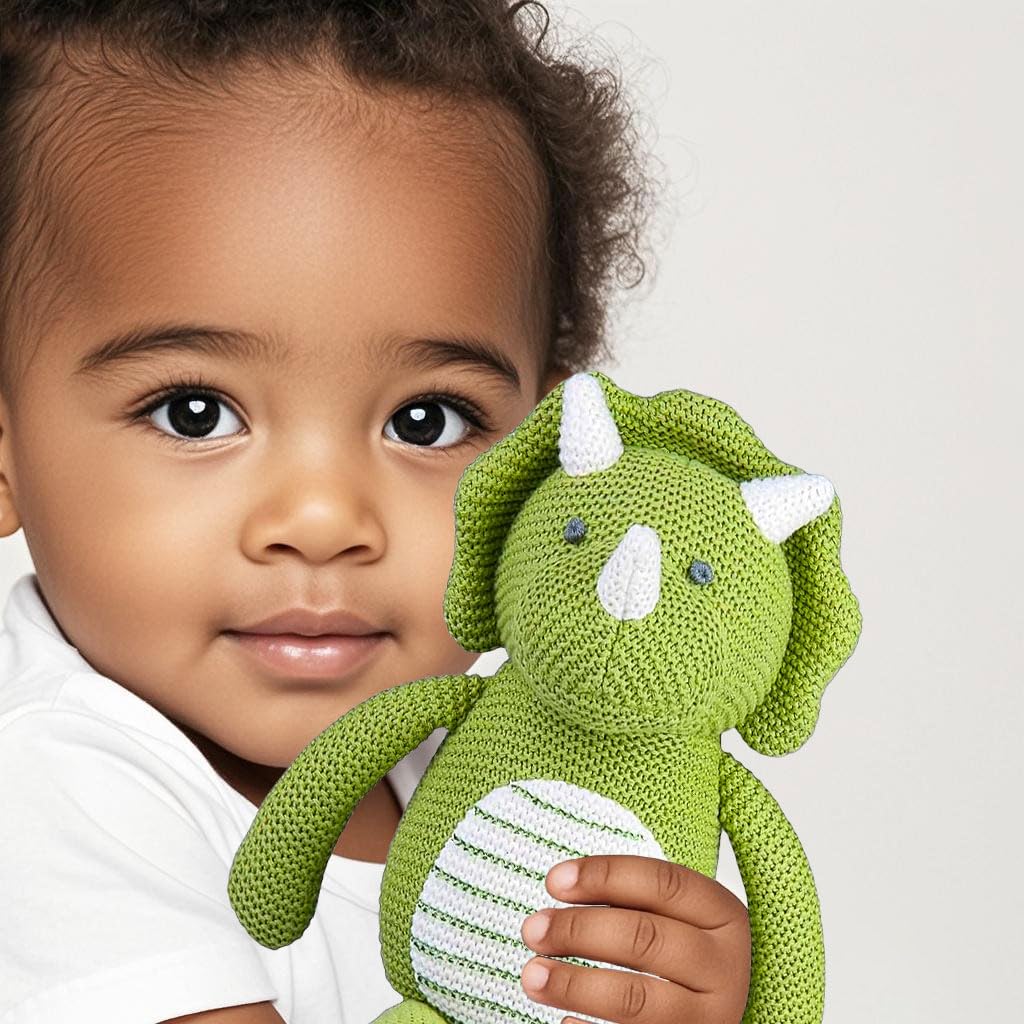 FLUFFYFUN 100% Organic Cotton Baby Dinosaur Stuffed Animal | 7.1" Green Plush Toy | Model OA013