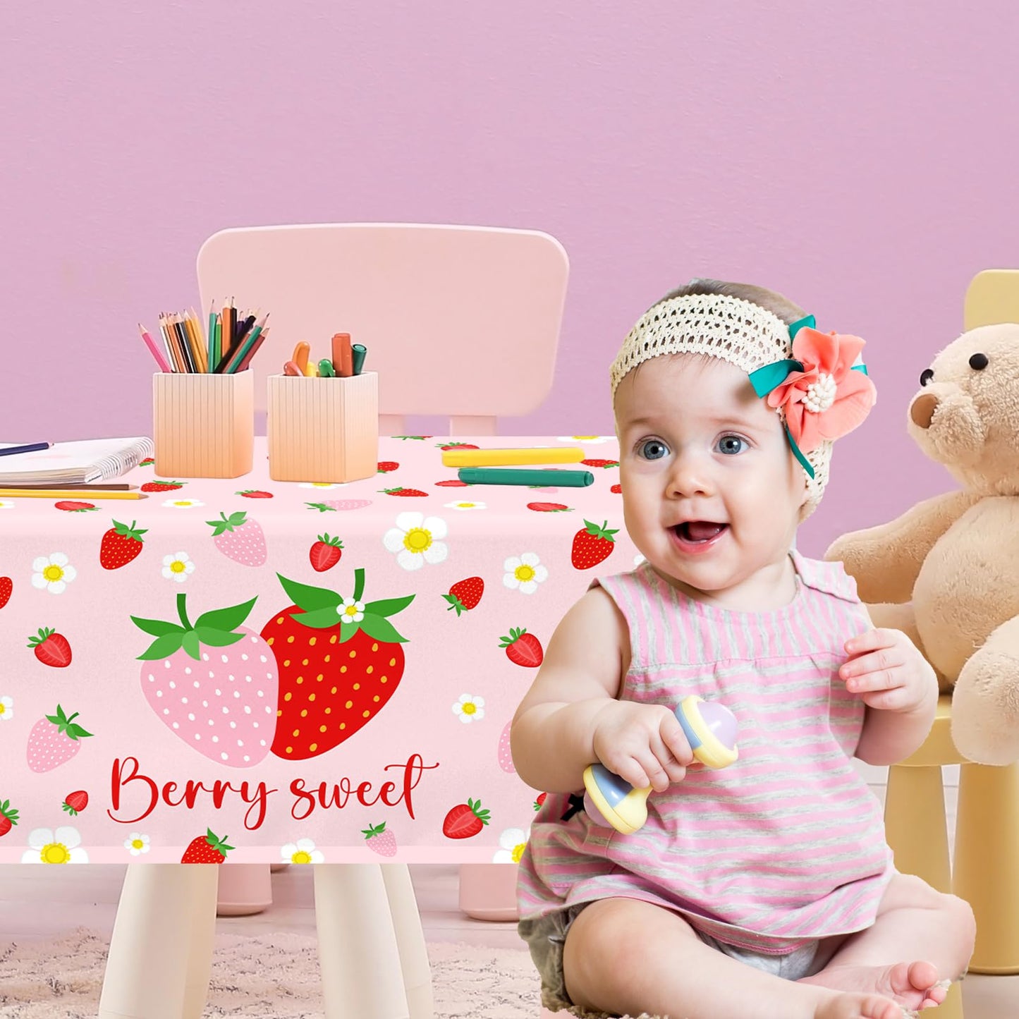 Dydamud Strawberry Tablecloth, Strawberry Birthday Decorations 3Pcs Strawberry Table Cloth Waterproof Plastic Berry Sweet One Ta
