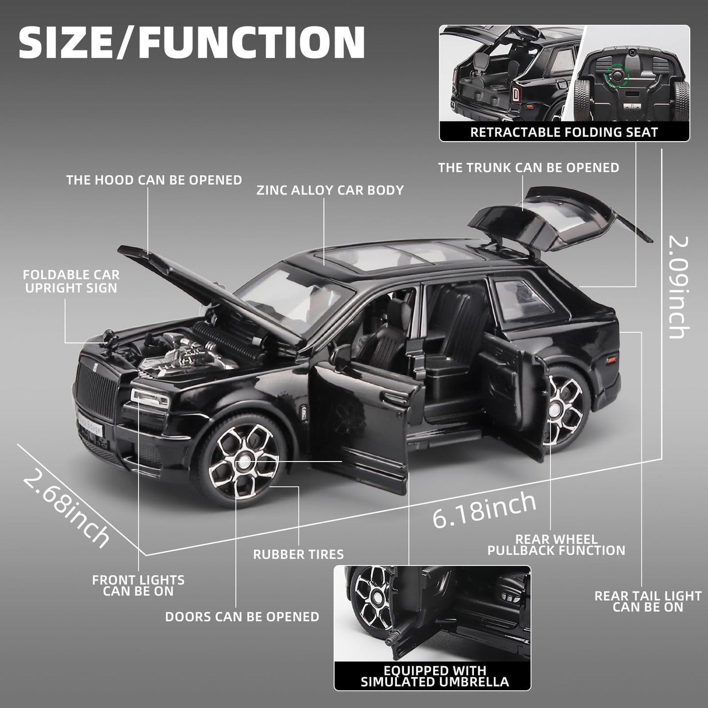 OANMYJJO 1:32 Rolls-Royce Cullinan Die Cast Metal Car Model, Black, Pull Back Toy with Light & Sound for Ages 3+