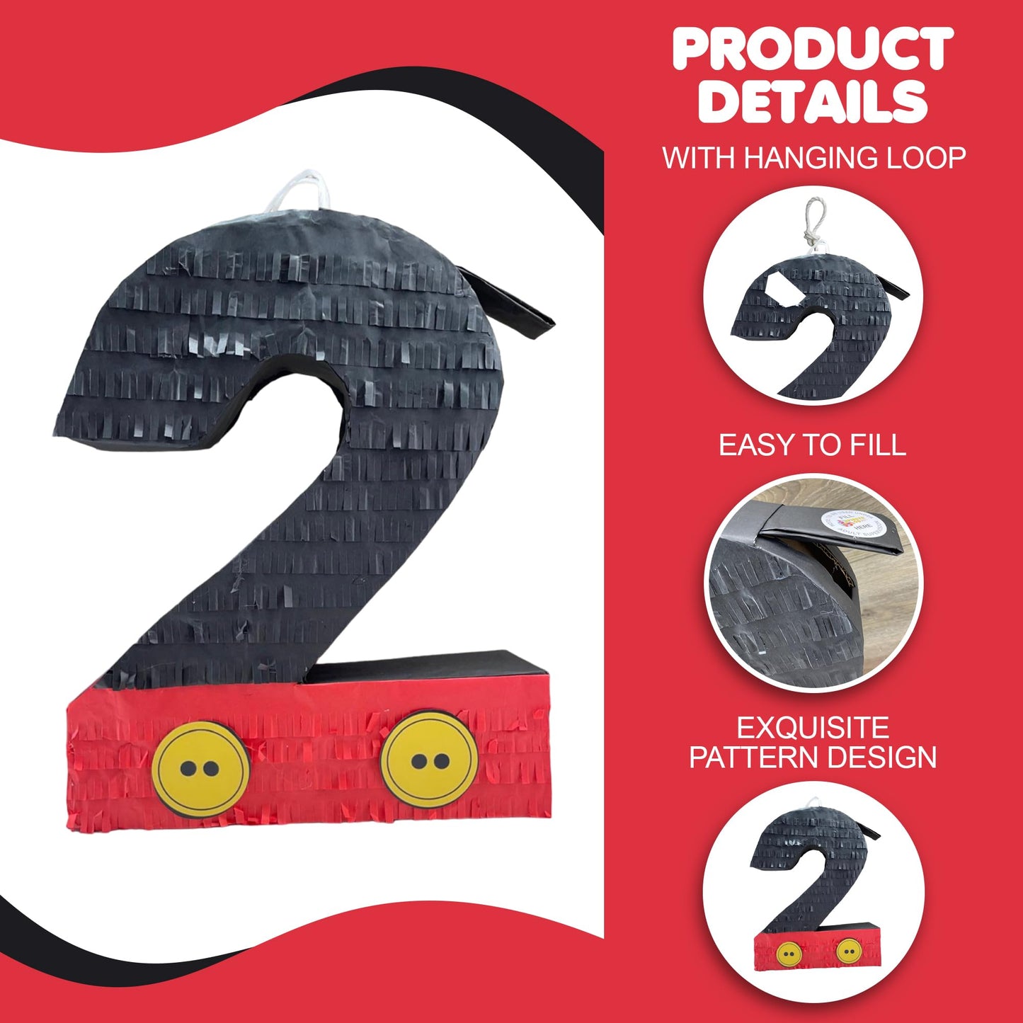 Apinata4U Black & Red Number Two Pinata With Yellow Buttons, Second Themed Birthday Party Supplies And Decorations, Anniversary Celebrations Pinata, Kids Second Birthday Gift, 20 X 16 X 4 Inches