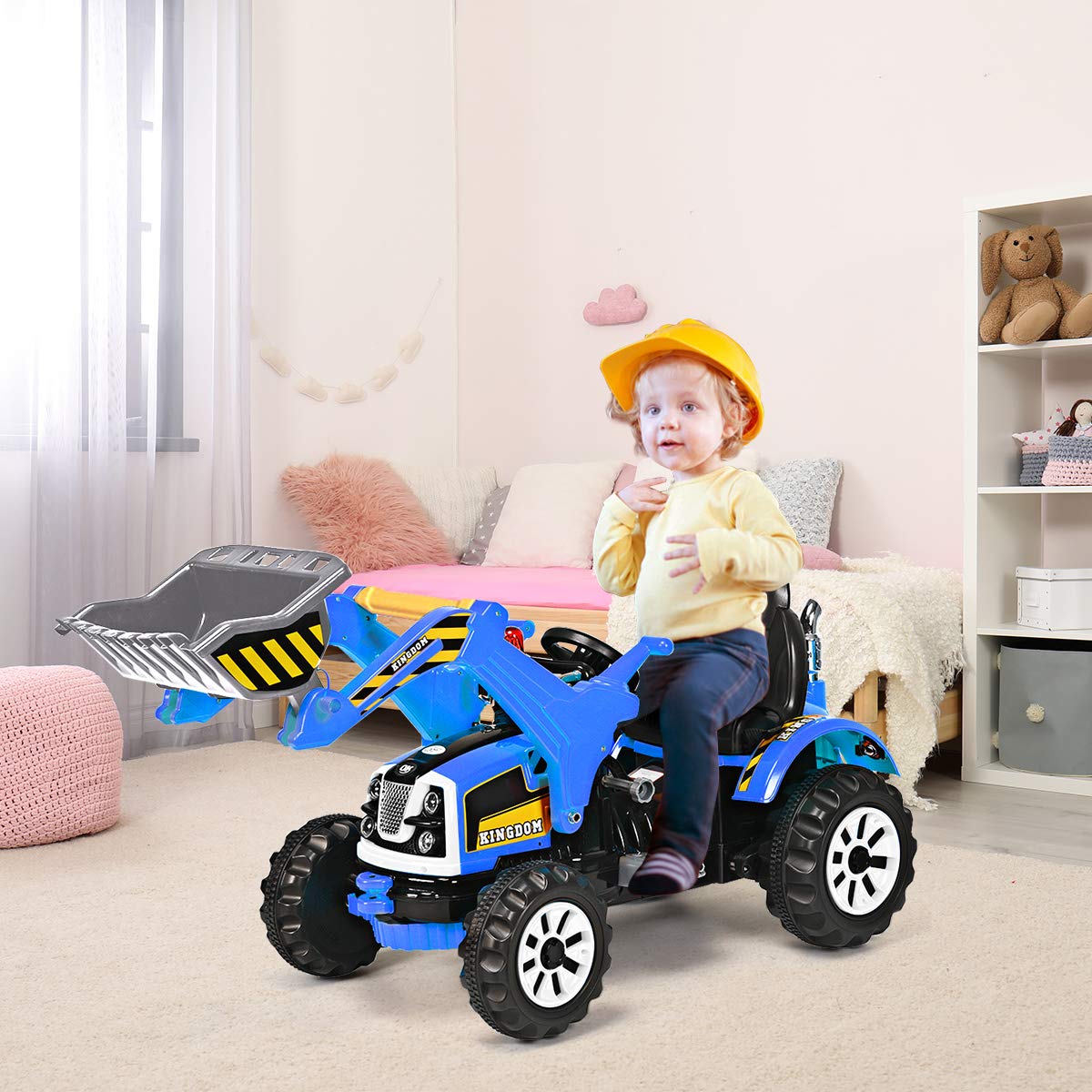 Honey Joy Ride On Excavator, 12V Battery Powered Construction Vehicles For Kids, Front Loader Shovel W/Horn, 2 Speeds, Forward/Backward, Safety Belt, Kids Bulldozer For Boys Girls(Blue)
