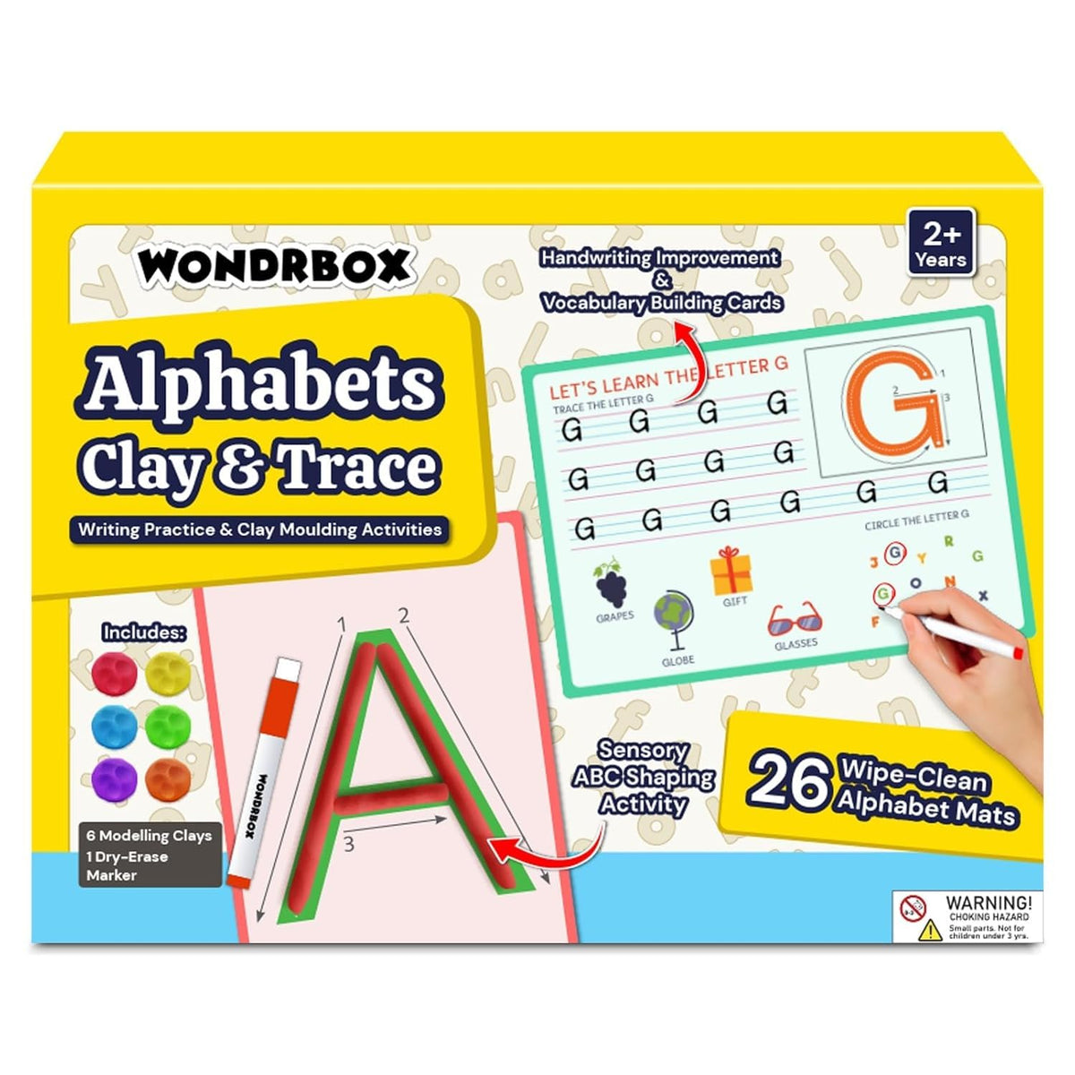 Wondrbox Alphabet Clay And Trace Kit  26 Reusable WipeClean Letter Learning Mats With 6 Modelling Clays & DryErase Marker | E