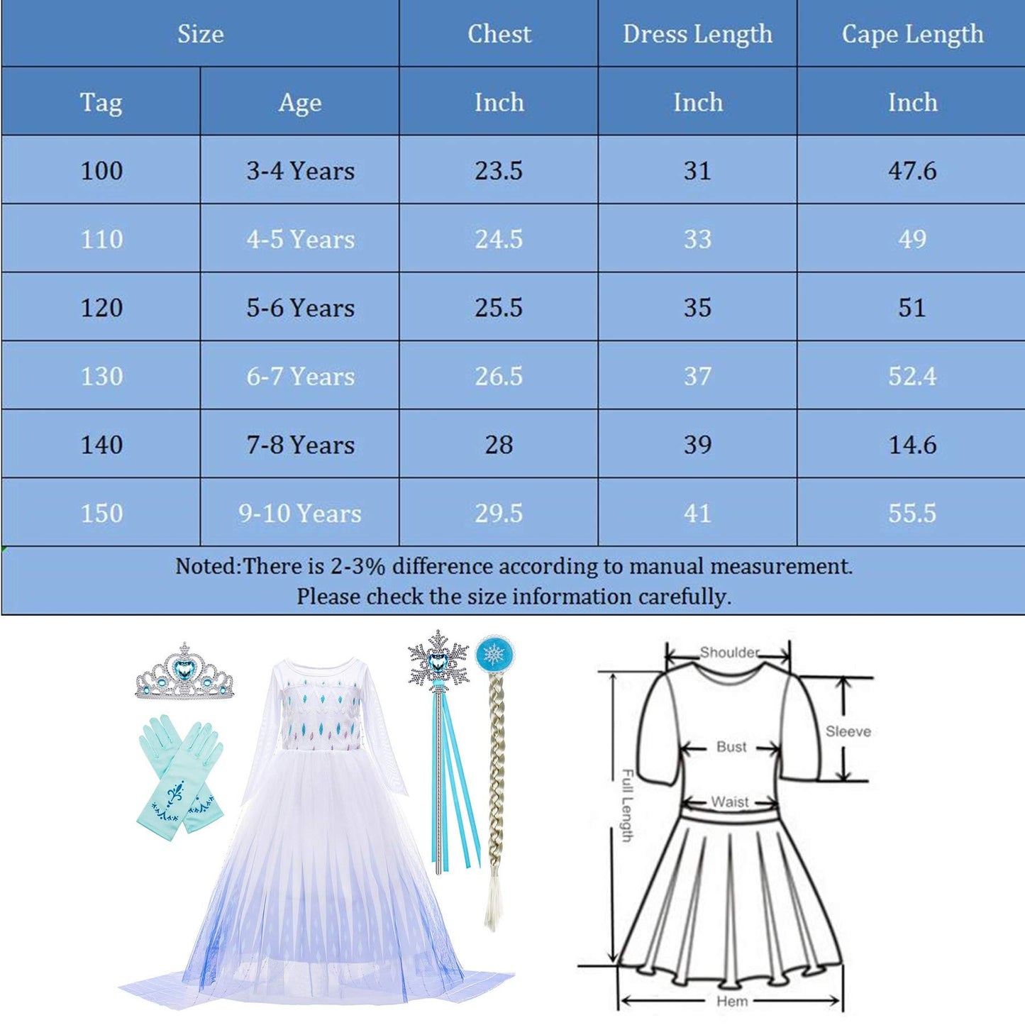 Bankids Snow Queen Act 2 Costumes Princess Dresses For Girls With Wig,Crown,Magic Wand,Gloves Accessories 9-10 Years (150,K11)