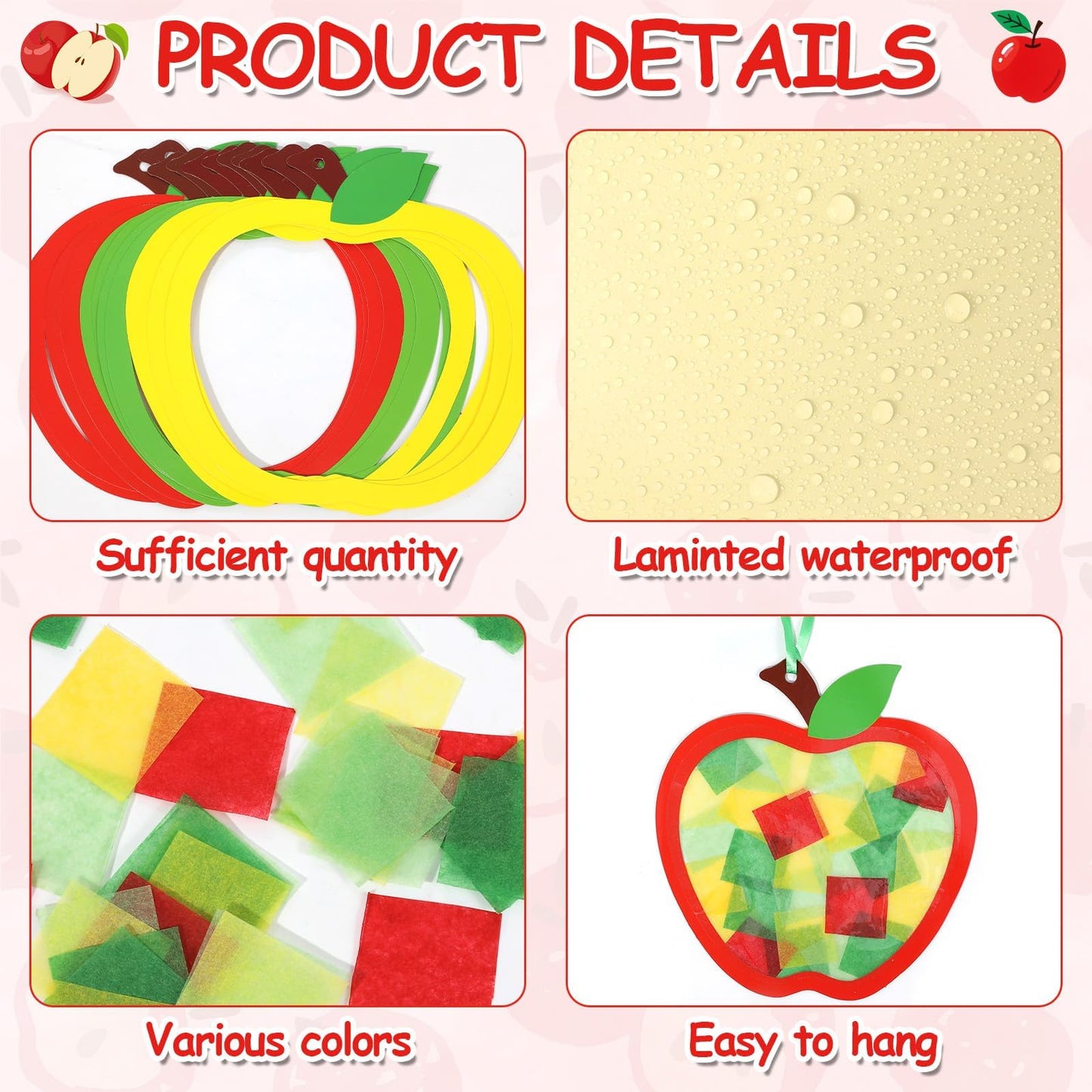 Qyeahkj 36 Set Thanksgiving Apple Suncatchers Crafts for Kids DIY Autumn Window Tissue Paper Craft Kit Hanging Decor for Classro