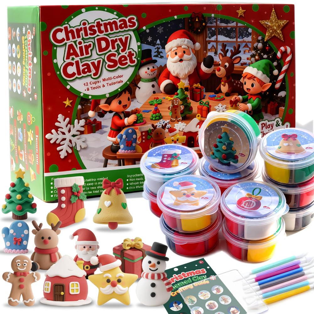 VKTEN Christmas Stocking Stuffer for Kids - Air Dry Clay Kit with 12 Cups, 8 Tools & Instructions - DIY Holiday Ornaments & Craf