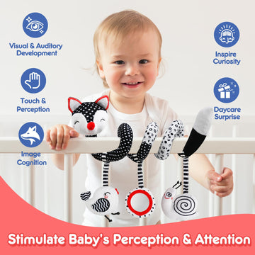 Baby Carseat Toy Black & White Rattle Spiral Hanging Activity Stroller Toy For Newborns Boys And Girls, Quality Baby Gifts For B