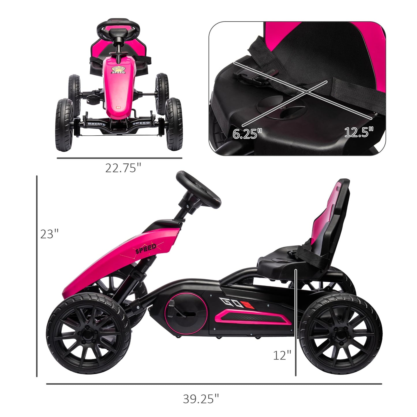 Aosom Kids Pedal Go Kart, Outdoor Ride On Toys With Swing Axle, Adjustable Seat, Handbrake, 4 Shock-Absorbing Wheels, Gift For Boys And Girls Aged 3-8 Years Old, Pink