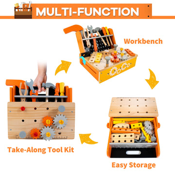 KIDWILL Wooden Tool Bench for Kids, 54-Piece Kids Tool Set with 2-in-1 Workbench & Take-Along Tool Kit, STEM Educational Toy Too