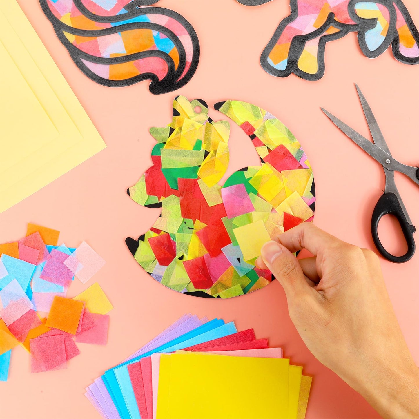 Qyeahkj 36 Set Unicorn Suncatchers Crafts for Kids DIY Unicorn Tissue Paper Crafts Window Stained Glass Effect Rainbow Hanging D