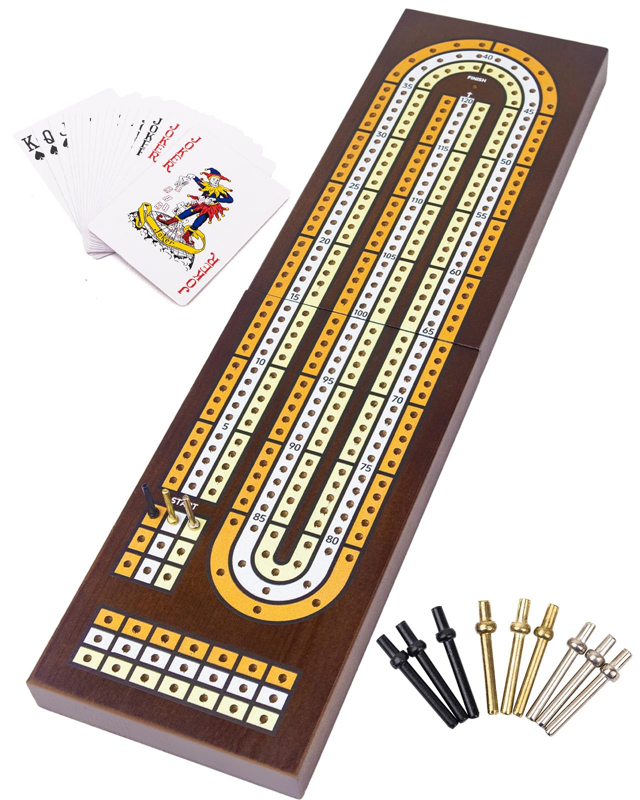 JstFrU Wooden Cribbage Board Game Set Solid Wood 3 Track Cribbage Board Magnetic Storage for 9 Metal Pegs Deck of Playing Cards Fun Table Game Game Night  Travel (Instruction Included)