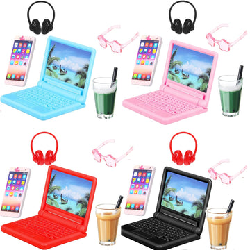 20 Pieces Dollhouse Accessories Doll Travel Accessories Mini Laptop Computer Phone Toy Miniature Glasses Headset Drink Toys Plas