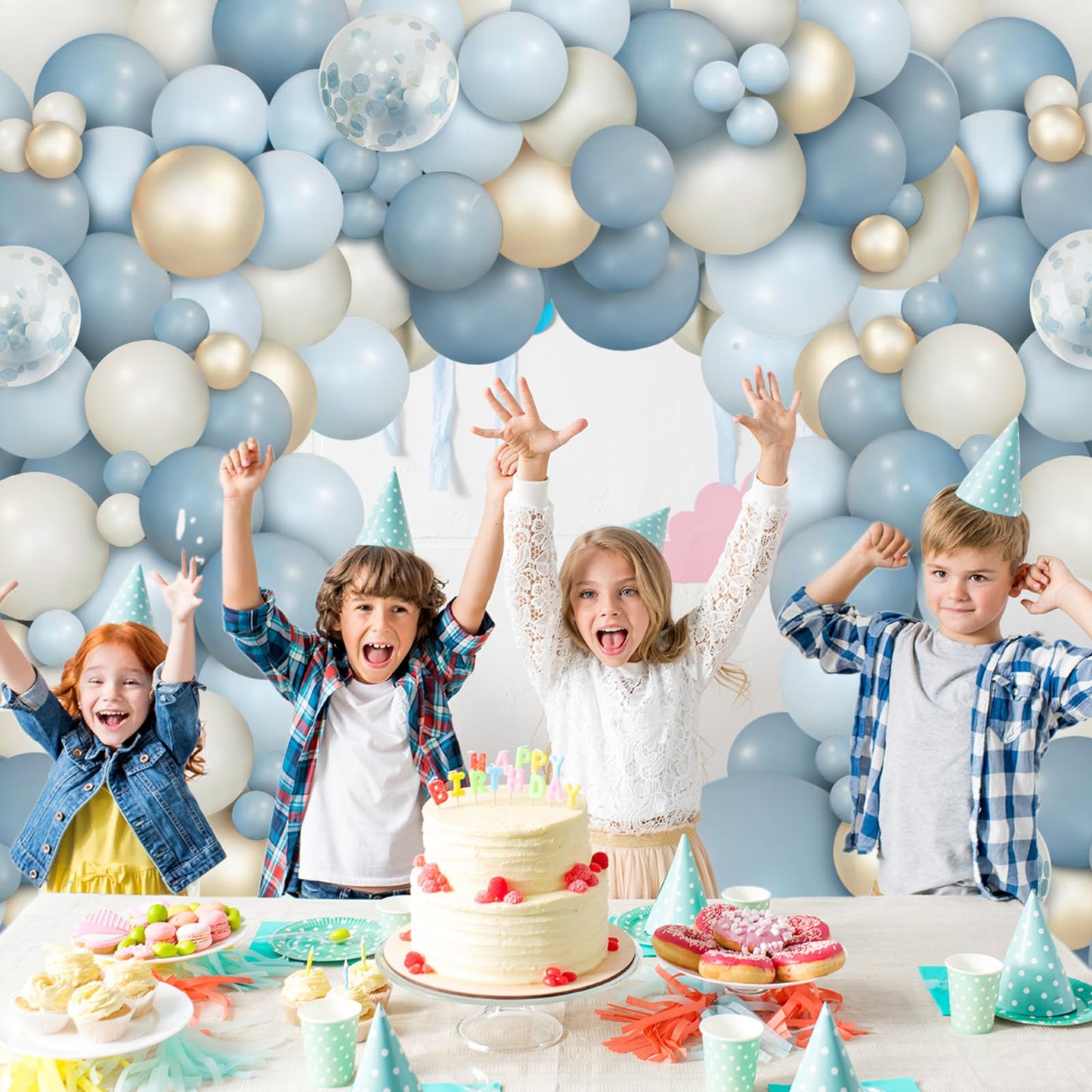 Ilafm 150Pcs Dusty Baby Blue Balloon Arch Garland Kit, Sand White Slate Fog Pastel Baby Blue Balloons Metallic Gold For Boy Baby