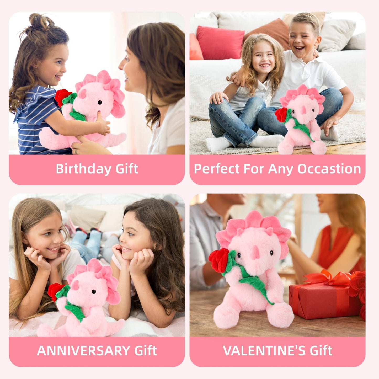 Valentine'S Day Gifts For Kids, Pink Dinosaur Stuffed Animal With Rose, Soft Triceratops Stuffed Toy For Girls, Fine Gifts For H
