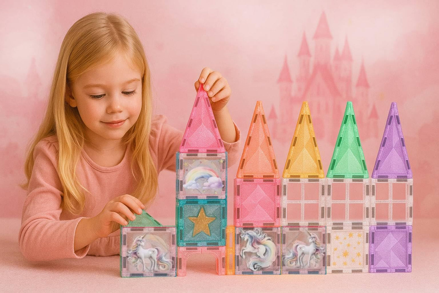 Glitter Unicorn Pony Magnetic Tiles: Building Blocks Toys For Kids - Hearts, Stars, Rainbow Castle Playset For Creative Kids, St