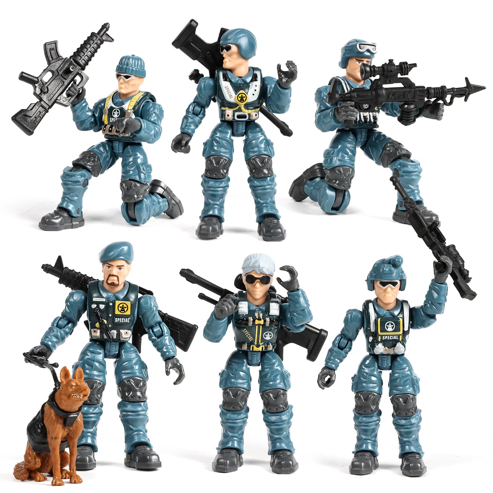 HAPTIME Army Men Action Figures with   Toy Soldiers for Boys  Plastic Army Toys for Boys 6-8  Birthday Gift for Military Collectors (6Pcs Blue)