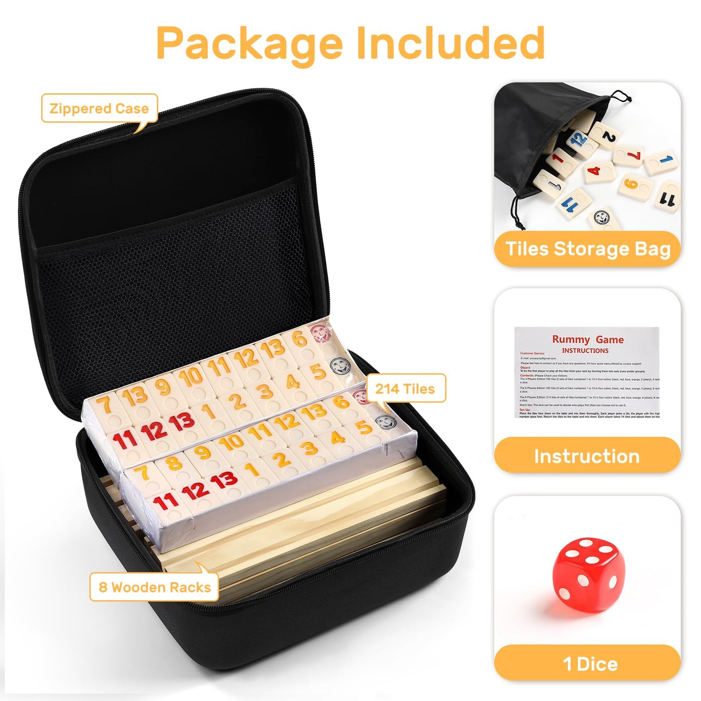uvcany Rummy Cube 8 Player Edition with 8 Wooden Racks/Trays, 214 Large Numbers Rummy Tiles 6-8 Players Set with Zippered Case,