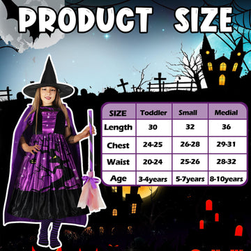 Ramede 5 Pcs Girl Halloween Witch Costume Set Light Up Witch Dress Broom Cloak Hat Sock For Treat Or Trick Party(5-7 Year Old)