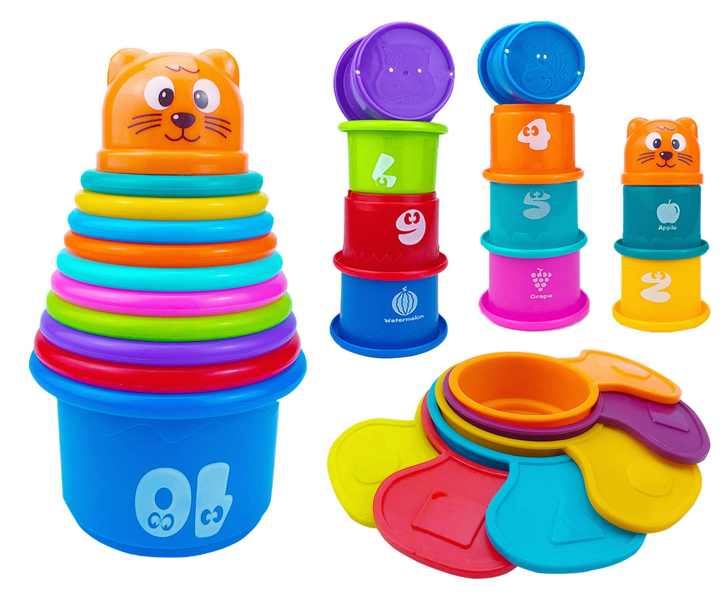 Ella Dream 17 Pcs Multicolor Nesting And Stacking Cups Set, Baby Bathtub Toys, Early Learning Educational Toys For Infants, Toddlers, Stacking Cups With The Numbers, Shapes, Fruits, Animals Patten