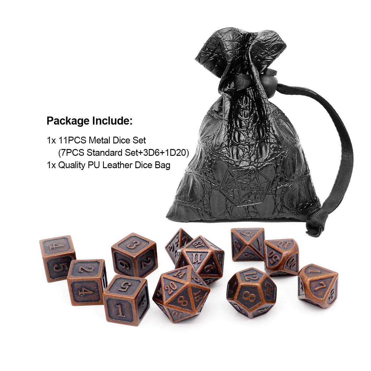 Haxtec 11PCS Metal DND Dice Set D&D Extra D6 D20 for Dungeons and Dragons TTRPG Games-Antique Copper 11PCS