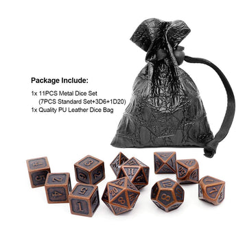 Haxtec 11PCS Metal DND Dice Set D&D Extra D6 D20 for Dungeons and Dragons TTRPG Games-Antique Copper 11PCS