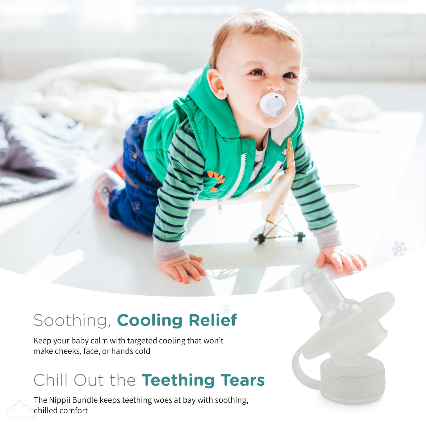 Nippii Freezer Teether Pacifier & Ice Cube Tray - Soft BPA Free Silicone Teething Toy for Babies 0-9 Months - Clear