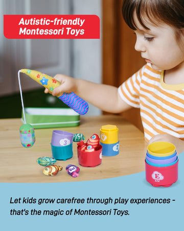 Infinno Count Learning Montessori Toys - For Babies & Toddlers 1-3 Year Old With 15 Numbered Fish & 5 Cups & 2 Fishing Rods- Sor